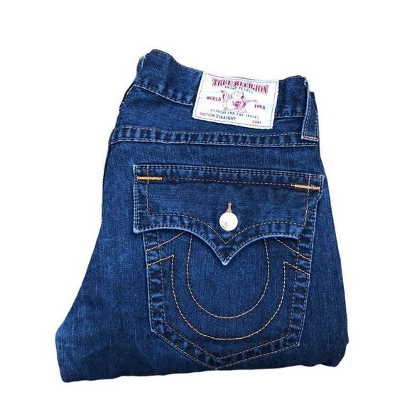 TRUE Religion Jeans Size 34 STRAIGHT ORANGE FLAP T Blue - Picture 7 of 8